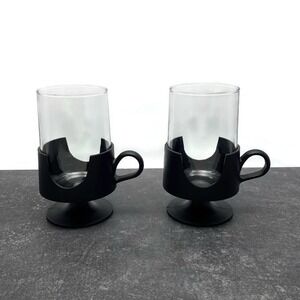 Vintage‎ Set of 2 Glas-Snap by Corning 10oz Glasses Black Plastic Footed Holders